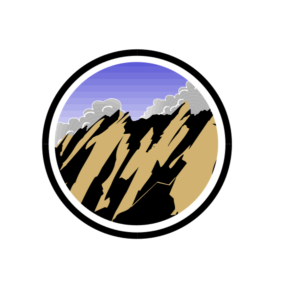 The image shows a stylized mountain range with clouds above it inside an oval frame on what appears to be a white background.