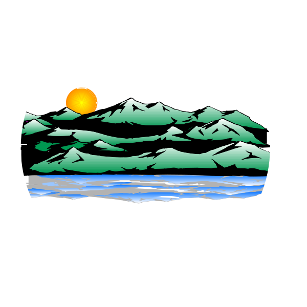 The image shows a circular emblem with two concentric circles featuring an illustration of mountains at sunset on both sides; in between is a depiction of water under what appears to be either a bridge or tunnel, and there's no visible text within this clip-art style graphic.