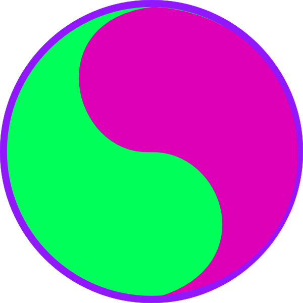 The image shows a stylized representation of two intertwined yin yang symbols with pink on top half and green in bottom half against black background.