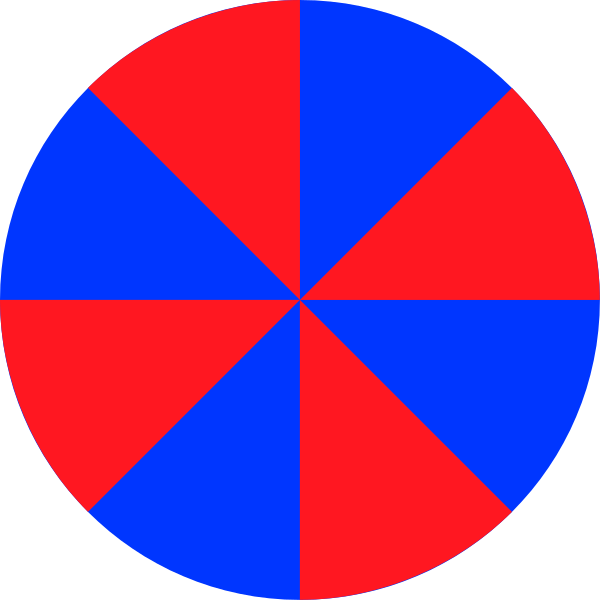 The image shows a red circle with four blue triangles arranged around it to form an octagon shape against a black background.