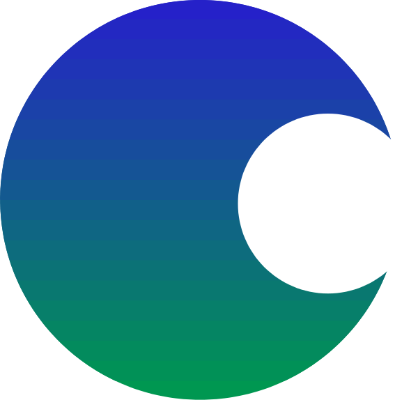 The image shows a stylized representation of two overlapping circles with concentric rings that create an illusion of depth; each circle has one white dot in its center.