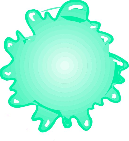 The image shows a green blob with splashes of color around it against a black background on what appears to be an electronic device screen displaying this graphic as part of its interface.