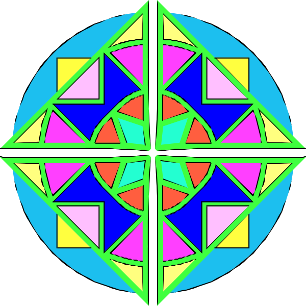 The image shows a colorful geometric pattern with various shapes including triangles, squares, hexagons, circles, and stars arranged in an intricate design resembling a compass rose motif on what appears to be a black background.