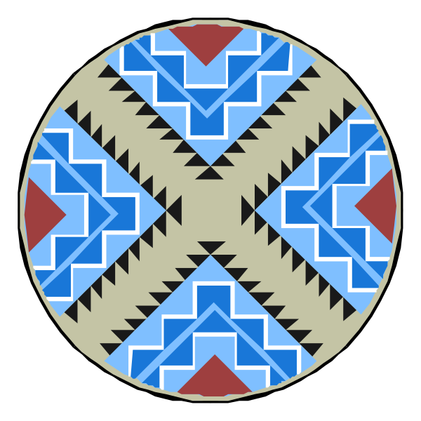 The image shows a circular pattern with intricate tribal designs featuring geometric shapes such as triangles and diamonds arranged around concentric circles in shades of blue, red, white, black, and tan on what appears to be an indigenous-style background.