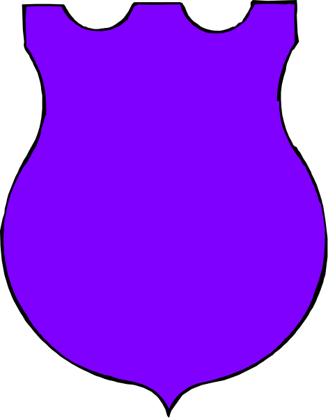 The image shows a purple shield with an outline of a castle on it against a gray background.