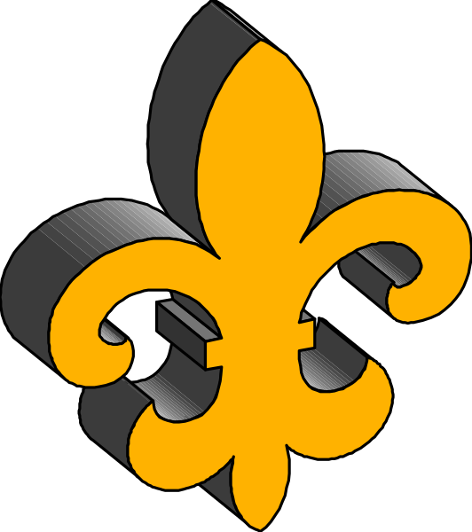 The logo of a yellow fleur de lis on an orange background with black outlines is shown against a gray backdrop in this small clip-art image.