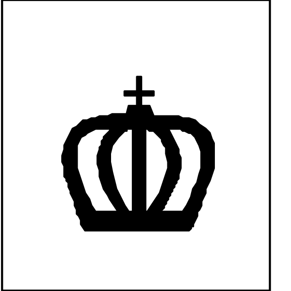 The image shows a black and white logo with two symbols: on top left is an icon of a crown; below it to its right is another symbol that appears to be a cross inside what looks like a shield, which could represent some form of heraldry or emblem associated with the institution depicted.