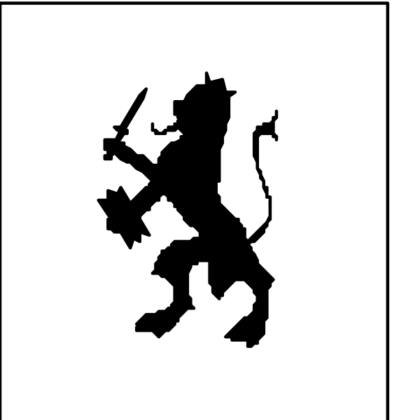 The black and white logo of a lion with an emblem on its head is shown against two different backgrounds: first in a square format within another larger rectangle; second as part of a shield design atop what appears to be a flagpole, suggesting it might represent heraldry or symbolism.