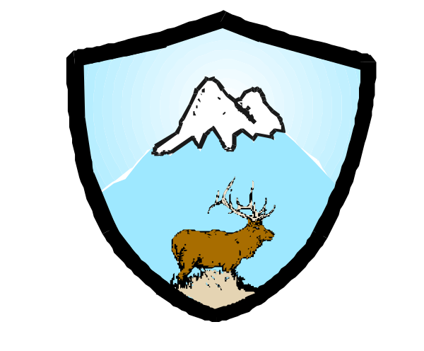 The image shows a shield with an illustration of mountains on it; there is also deer present at the bottom right corner within this mountainous landscape.