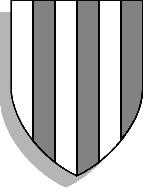 The image shows a shield with vertical stripes of gray, white, black, red, blue, yellow, green, orange, purple, pink, brown, beige, cream cheese, mustard, ketchup and relish on it.