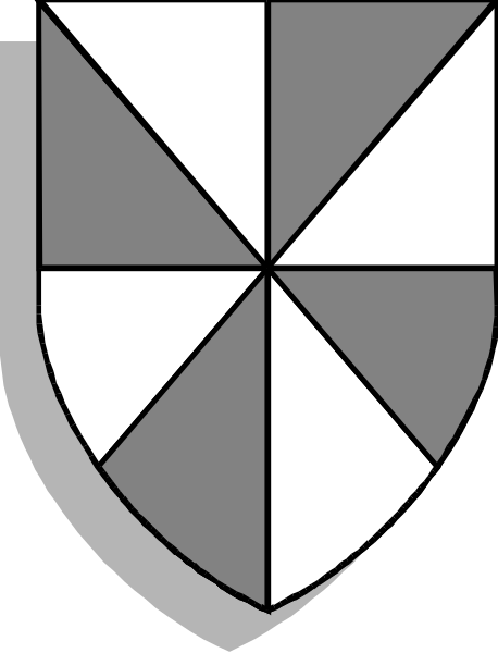 The image shows a shield with four quadrants: white on top left, gray on bottom right, black on top right, and silver on bottom left; each quadrant has an emblem in its center that resembles a cross within another circle.
