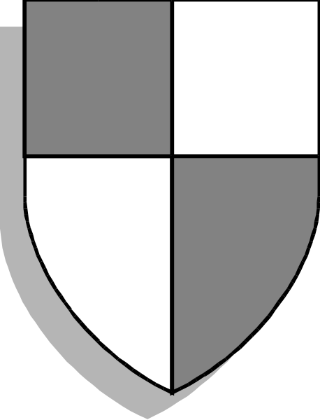 The image shows a shield with four quadrants: two white squares on top corners connected by an X-shaped crossbar in black; one gray square at bottom left corner containing what appears to be a keyhole design, and another gray quadrant below it that is divided into three sections of varying shades.