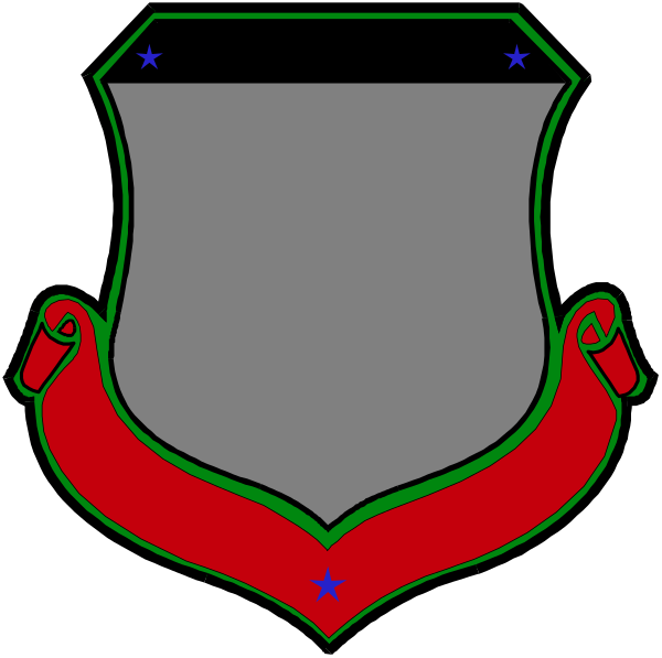 The image shows a black shield with red borders featuring two stars on either side of it at its top corners; below these stars is an emblem that appears to be stylized as a crest in gold, and there's another smaller star above this central design.