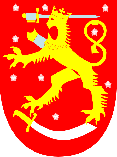 The image shows a coat of arms with a shield featuring an eagle holding two swords crossed behind its head; above it is a crown symbolizing royalty, below which there's a banner inscribed "Lion," and to the right side stands a castle or fortress-like structure.