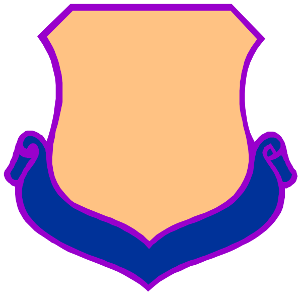 The image shows a stylized shield with two crossed swords on either side of it at its base; above this emblem is an illustration resembling a castle gateway in blue coloring against a purple background, and below that there's another smaller depiction of the same design.