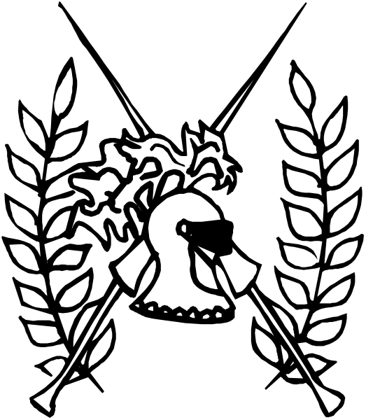 The black and white logo features a shield with two crossed swords on either side of an eagle's head at its center; above it is laurel wreath symbolizing victory or honor.