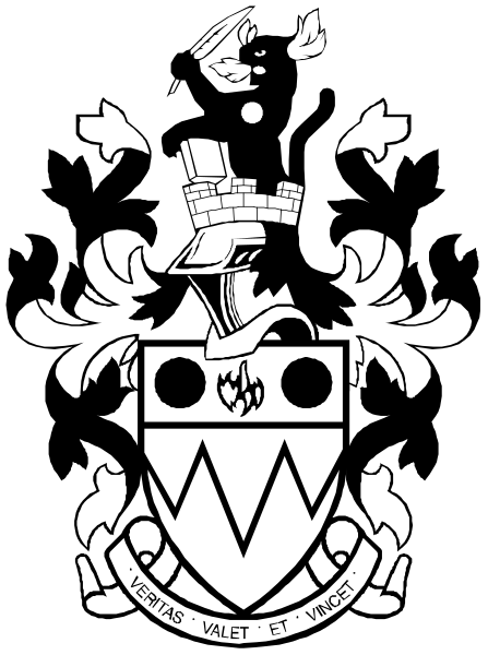 The black and white logo of a coat of arms with heraldic symbols such as shields, crowns, lions, banners, and crests on it.