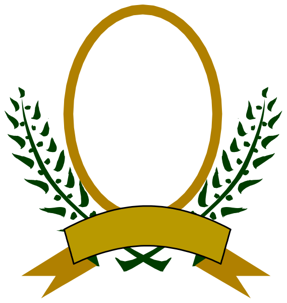 The image shows a badge with an oval shape at its center featuring what appears to be a white egg inside it. Surrounding this central emblem is laurel wreath design on both sides, and below the circle there's text that reads "GOLD MEDAL" in capital letters. The background of the badge has an olive green color with two small leaves at each corner near where the oval meets the border.