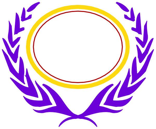 The image shows a circular emblem with laurel leaves at its top right corner inside an oval frame that has two red lines forming a circle around it; in the center of this inner design is a white shield-like shape, and below it there's a purple ribbon banner.