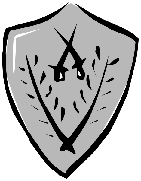 The image shows a shield with an emblem on it against a black background.
