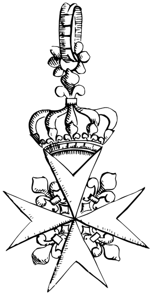 The black and white flag features a coat of arms with heraldic symbols including crowns, shields, banners, and possibly other emblems associated with royalty or nobility.