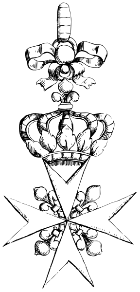 The black and white photo shows a flag with two distinct designs on it: at its top is an emblem featuring what appears to be three crowns; below that, there's another design resembling a flower arrangement in shades of gray.