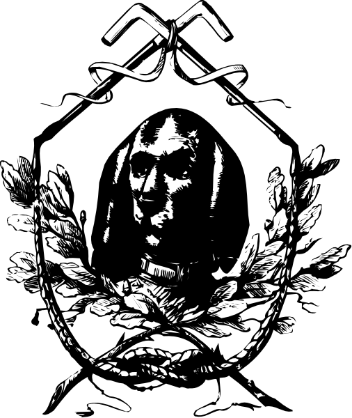 The black and white illustration features a shield with an emblem of a man's head on it atop some leaves, surrounded by two crossed swords in front of what appears to be a castle-like structure behind them all.