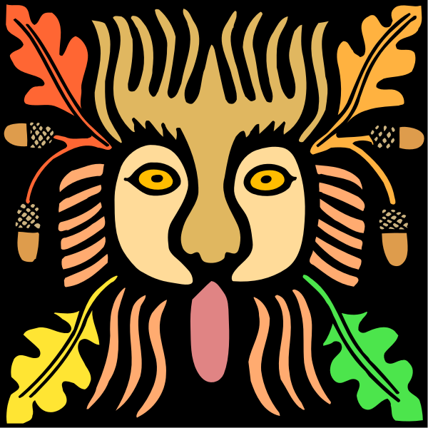 The image shows a stylized illustration of an animal with human facial features wearing leaves as clothing elements on its head; it has large eyes that resemble those of humans, ears like a lion's mane and is adorned with various decorative items such as feathers or flowers.