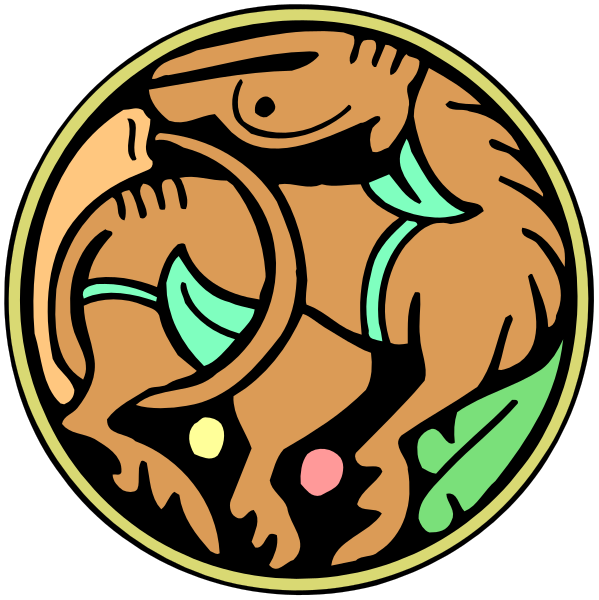 The image shows a stylized depiction of an animal with two horns on its head inside what appears to be a circular emblem featuring additional decorative elements such as leaves and dots around it.