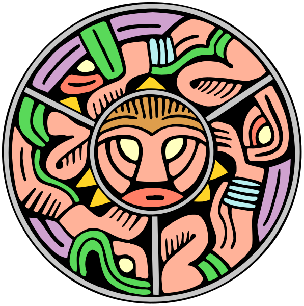 The image shows two circular designs with intricate patterns featuring stylized human faces surrounded by various shapes that resemble leaves or petals in a symmetrical arrangement on either side of each face.