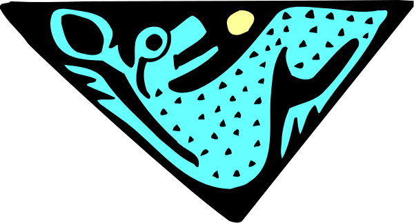 The image shows a stylized blue fish with white spots swimming underwater near what appears to be an aquatic plant on the right side of the frame.