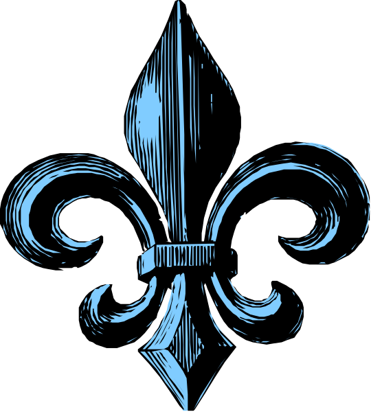 The black and white logo of a fleur de lis on an emblem with two swords crossed behind it.
