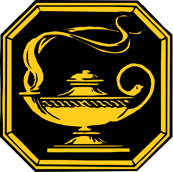 The image shows a black background with two yellow emblems featuring stylized designs: on top is an intricate design that includes what appears to be a scrolling banner above three vertical lines; below it, there's a decorative element resembling a candle or flame in the center. On bottom left and right are circular motifs with swirling patterns around them, each containing two stylized birds facing opposite directions as if flying away from one another. The overall style is reminiscent of heraldic designs often used for crests or emblems on official documents