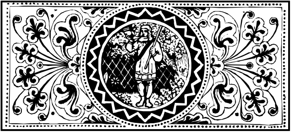 The black and white illustration depicts a decorative border with intricate patterns at its center featuring what appears to be an emblematic design resembling a shield within which there is another smaller image of a person, possibly on horseback, holding up their hand as if in greeting or salute.
