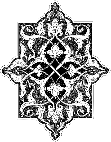 The black and white emblem features an intricate design with a central cross motif surrounded by decorative elements that resemble leaves or flowers in each corner of the square frame.