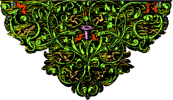 The image shows a stylized illustration of an intricate floral pattern with various shapes resembling leaves and flowers in shades of green against a dark background; there is no text present within this clip-art piece, which focuses on decorative elements rather than depicting specific objects or actions.