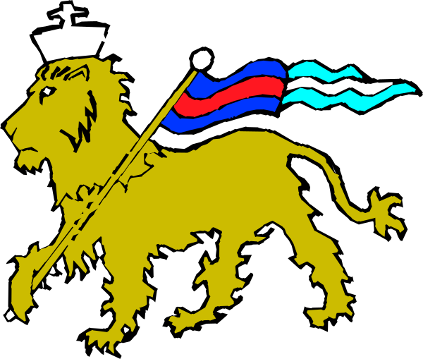 The image shows a black flag with two lions on it; each lion is holding an object: to its left, there's what appears to be a sword pointing upwards towards the top of the frame, and in front of both lions stands another figure that seems like a person waving or saluting. The background behind these figures has some indistinct shapes resembling waves or flags with different colors such as blue, red, white, yellow, green, black, gray, orange, pink, purple, brown and beige.