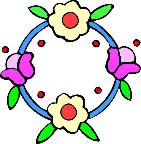 The image shows a stylized floral emblem with two different designs: on top is an intricate design featuring flowers in shades of pink, purple, red, blue, green, yellow; below it is another simpler version that includes only three flower shapes and some leaves without any additional details.