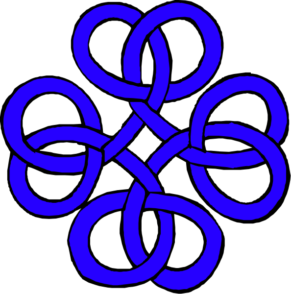 The image shows a blue interlocking design with six loops on each side of two larger circles forming an intricate pattern against a black background.