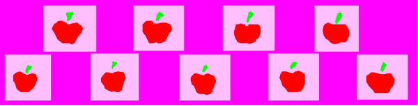 The image shows a row of apples with green leaves against a pink background on what appears to be an electronic device screen displaying this pattern as wallpaper.