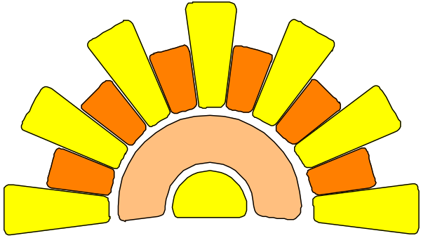 The image shows a colorful sunset with an arch at its center that has rays extending outward from it to form what appears to be a stylized rainbow shape against a dark sky background.