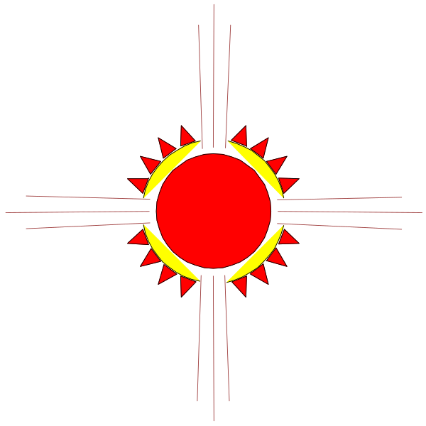 The image shows a stylized sun with rays emanating from it at an angle against a black background; there is also what appears to be a red circle in front of the sun's center, possibly representing another celestial body like Mars or Venus due to its color and position.