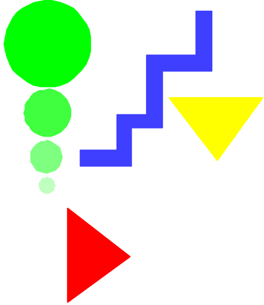 The image shows a black background with various colorful shapes including geometric patterns resembling stairs, arrows pointing upwards in different directions, circles of varying sizes, and what appears to be an abstract representation of steps leading downward on the right side.