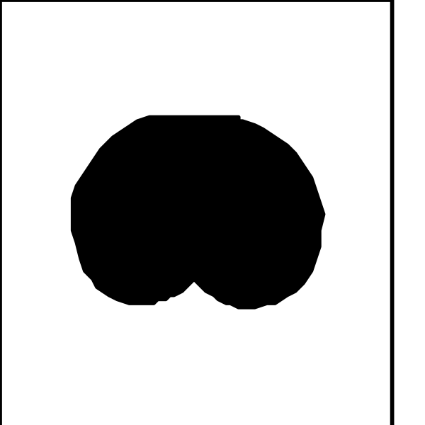 The black and white picture shows a simple line drawing of two shapes: an oval on top left corner with three dots inside it connected by lines to form what appears to be a face; below this is another shape, which looks like a square but has been altered or distorted in some way.