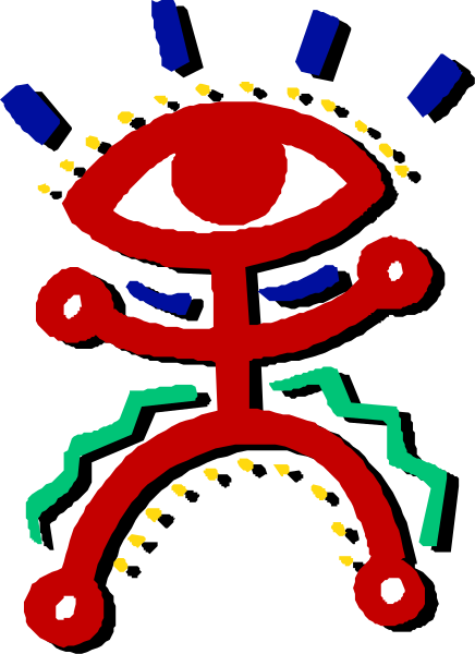 The image shows a stylized graphic of an alien character with large eyes that resemble human eyes, standing on what appears to be two legs connected by lines at their ends; it has three arms extending from its body and is holding up one hand as if waving or greeting someone.