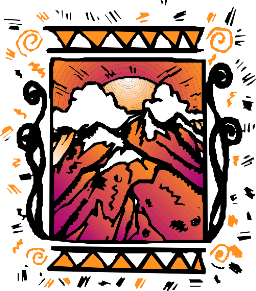 The image shows a stylized depiction of an outdoor scene with mountains under a colorful sky at sunset, featuring vibrant hues in pinks, purples, blues, yellows, and reds; there is also text that appears to be tribal or indigenous-style patterns around the edges.