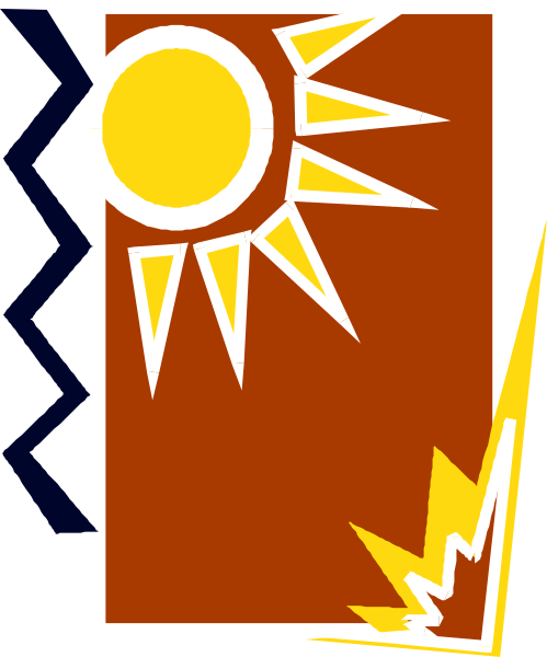 The image shows a stylized sun with rays extending outward from its center on an orange background topped by blue sky at one corner; there is also lightning bolt iconography in white near bottom right, suggesting energy or power theme.