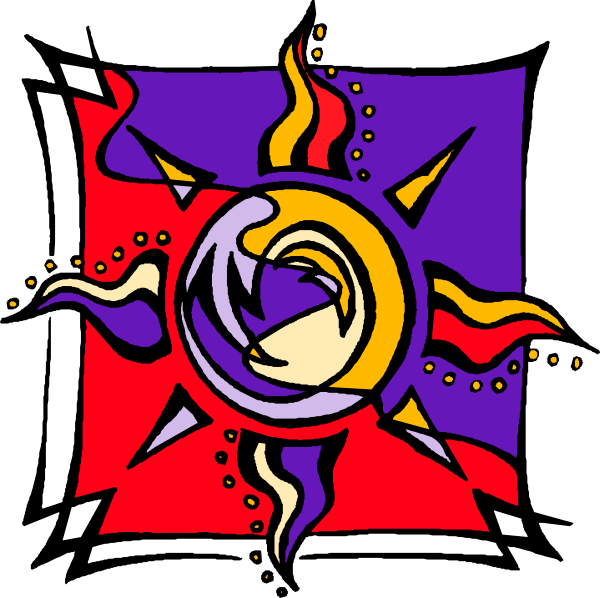 The image shows a colorful sun with rays extending outward from its center, set against an abstract background that includes geometric shapes in shades of purple, red, yellow, blue, green, orange, white and black.