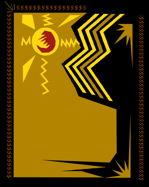 The image shows a stylized graphic of an abstract figure with geometric shapes against a yellow background that resembles sun rays; there is also what appears to be a moon in one corner.