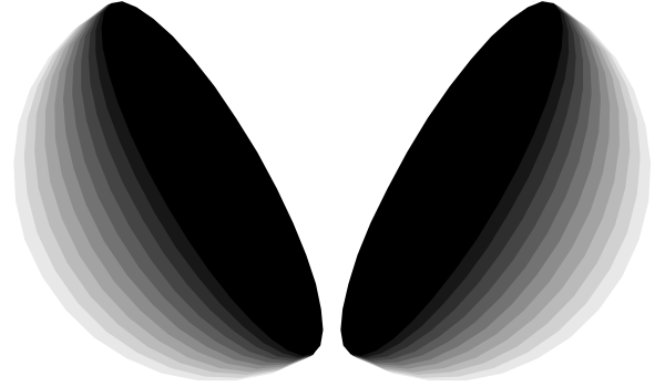 The image shows a black and white illustration of two overlapping circles with an abstract design resembling eyes within them on either side against a dark background.